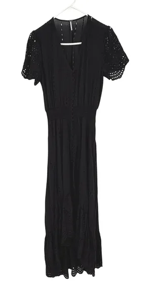 YFB Young Fabulous & Broke Black Eyelet Maxi Dress Boho Button Front S thumbnail 1