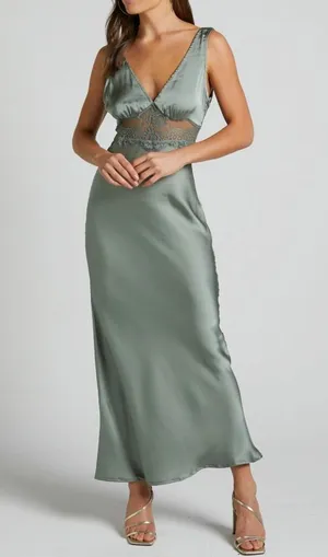 Morrisday The Label Dusty Green Satin Lace V-Neck Midi Dress Size NEW thumbnail 1