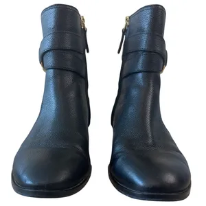 Tory Burch Gemini Link Black Pebbled Leather Ankle Booties Gold Buckle 7.5 thumbnail 3