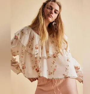 Free People Camilla Printed Blouse NWT Ivory strawberry boho Large thumbnail 1