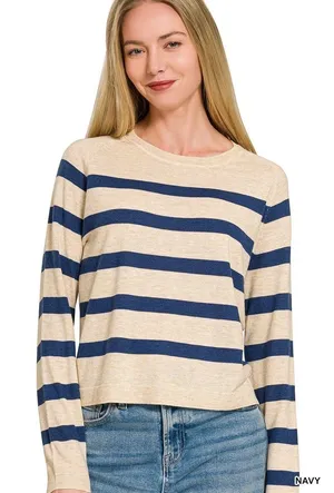 Zenana Lightweight Wool Blend Striped Round Neck Sweater - Medium‎ thumbnail 1