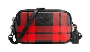 Coach Red Black Buffalo Plaid Pebble Leather Double Zip Crossbody Camera Bag thumbnail 1