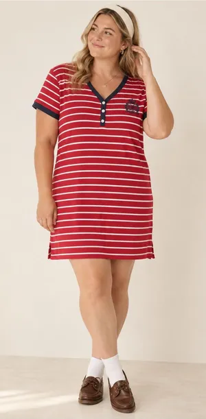Lauren Ralph Lauren Striped Crest Henley Preppy T Shirt Dress Red Navy Size XL thumbnail 1