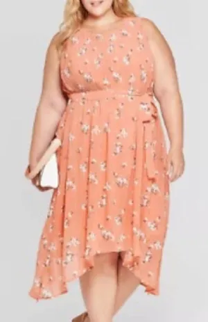 AVA & VIV Plus Size Floral Pleated Midi Dress Peach Pink Orange Hi-Lo 1X NO BELT thumbnail 1