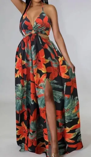 Women's Floral Print Chain Decor Split Thigh Tie Back Cami Dress thumbnail 1