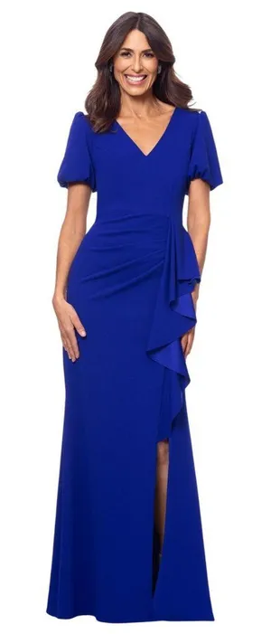 NWT Xscape Scuba Crepe V Neck Ruffled Puff Sleeve Dress Gown Marine Blue 14P thumbnail 1