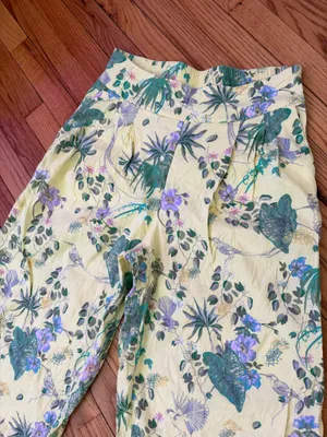 INC International Concepts Linen High Waist pleated Yellow Floral Wide Sz M Pants bright vibrant cottage thumbnail 4