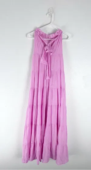 ENTRO Pink High Neck Tie Back Sleeveless Pockets Tiered Dress Small Boho Casual thumbnail 1