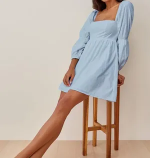 Exlura Womens Square Neck Dress Long Puff Sleeve A-Line Casual Short Mini Dress thumbnail 3