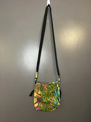 Linda Rovolis Crossbody Bag Womens Small Multicolor Canvas Tropical Hand Painted thumbnail 3