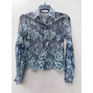 Alexis Floral Lace Blouson Sleeve Sheer Button Front Silk Blouse Romantic XS thumbnail 2