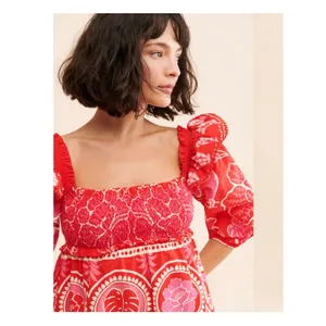 Farm Rio Summer Sunrise Mini Dress Small Red Smocked Puff Sleeve Tropical Summer thumbnail 3