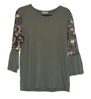 NWOT Milan Kiss‎ Olive Top Large Embroidered Mesh Sleeve Bell Sleeve Boho thumbnail 1