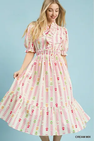 Umgee Vibrant Ruffle Smocked Midi Dress - Cream Mix - Large‎ thumbnail 1
