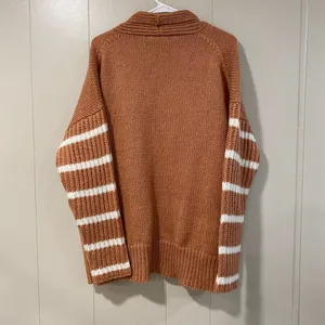 Easel Los Angeles Brown Knit Cardigan White Stripe Sleeves Open Front Size M thumbnail 3