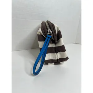 Henri Bendel Cosmetic Bag Brown White Stripe Blue Strap thumbnail 2