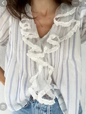 Ralph Lauren Jeans Company Cotton Striped Ruffle Blue White Blouse Medium thumbnail 10