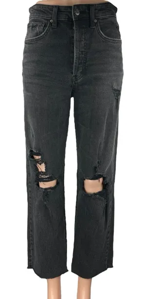 Women's Black High Rise Distressed Straight Wide Leg Crop Denim Jeans Pants Sz 2 thumbnail 1