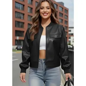 Ommiivex Black Faux Leather Cropped Bomber Jacket Size Large NWT thumbnail 2