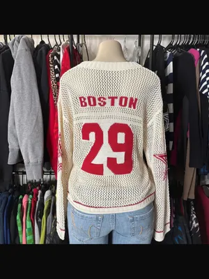 Y2k Graphic Oversized Crochet Jersey Shirt V Neck Long Sleeve Knit Pullover S thumbnail 10