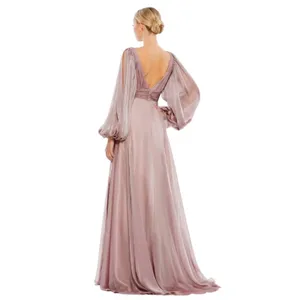 Mac‎ Duggal Chiffon Open Sleeve A-Line Gown Mocha Pink Beaded Cuff Size 14 NWT thumbnail 4