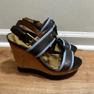 Coach | Women's Brown Blue Leather Tassel Cork Platform Wedge Sandals, 6.5B thumbnail 3