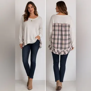 Boutique Mixed Media Striped Top XL Cotton Blend Cuffed Long Sleeve EUC thumbnail 2