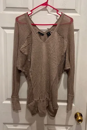 Moda International Cotton‎ Cashmere Batwing V-Neck Sweater Taupe Large thumbnail 1