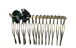 Vintage Silver Tone Wire Hair Comb | Blue & Green Rhinestone Flower Hair Jewelry | Whimsigoth Cottagecore Aesthetic thumbnail 1