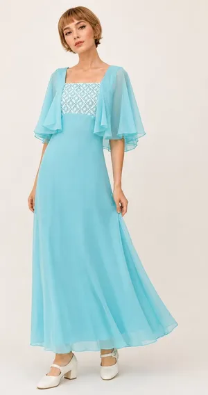 Vintage Miss Rubette Blue Chiffon‎ Cape Embroidered Lace Maxi Dress 16 Mod Twee thumbnail 1