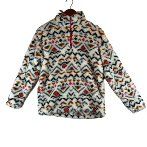 Eddie Bauer Womens Small Faux Fur Pullover‎ Aztec Print Quarter Zip Pink Trim thumbnail 2