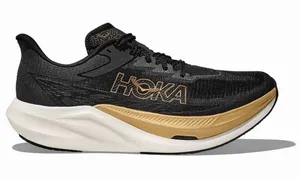 HOKA Unisex Rocket X 3 Running Shoes Black White Gold Size 7 Mens / 8 Womens NWB thumbnail 1