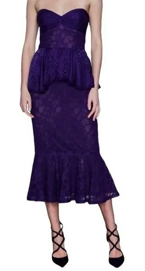 Flor et.al Purple Lace Strapless Peplum Mermaid Midi Dress Size 6 thumbnail 1