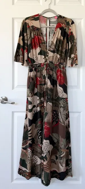 FARM Rio Tropical Printed Jumpsuit in Beige, Olive & Red thumbnail 1