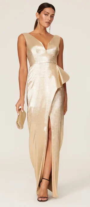 Black Halo Gold Hendricks Sleeveless V-Neck Metallic Cocktail Evening Gown 8 thumbnail 1