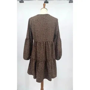 Baby Doll Polka Dot Tiered Midi Dress Brown Cream Balloon Sleeves Boho Western S thumbnail 2