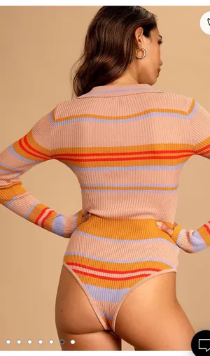 Lulus Bountiful Heart Tan Multi Striped Long Sleeve Bodysuit thumbnail 3