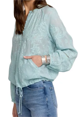 Johnny Was Women’s Size M Light Marine Blue Embroidered Drawstring Bomber Jacket thumbnail 1