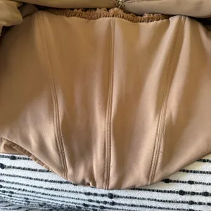 HOUSE OF CB | Norah Light Brown Ruched Puff Sleeve Mesh Corset Top | Medium thumbnail 6