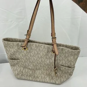 Michael Kors Beige Logo MK Tote with Tan Leather Straps D23 thumbnail 1