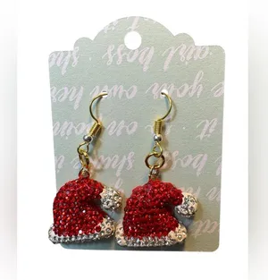 Handmade Santa Hat Sparkling Red And White Christmas Dangle Pierced Earrings Gold Tone thumbnail 1