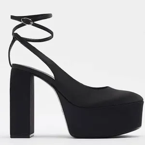 Zara Black Satin Platform Slingback Chunky Platform Heels Size 39 / 8.5 thumbnail 1