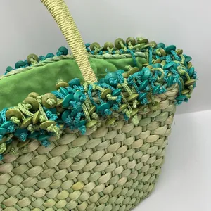 Woven straw tote bag with decorative trim and handles thumbnail 5