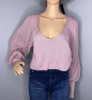 Free People Rose Pink Cropped Plunging VNeck Sweater Size Large thumbnail 2