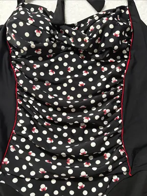 Disney Parks XL Minnie mouse Black Polka Dot Halter One-Piece Swimsuit Red Trim thumbnail 2