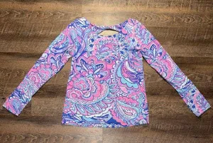 Lilly Pulitzer Pink and Blue Long Sleeve Cut Out Blouse thumbnail 1
