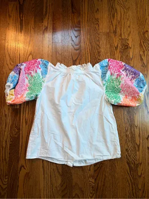 THML White Ruffle Neck Blouse Floral Multicolor Embroidered Puff Sleeves Small thumbnail 4