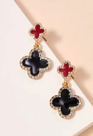 Game Day Enamel Clover Dangling | Earrings-Garnet & Black thumbnail 1
