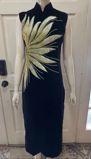 Unbranded Vintage 80s Beaded Soft Velvet Dress, Starburst Sequin Gown thumbnail 1