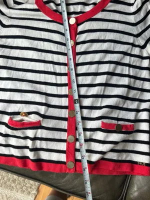 Morgan de toi France Striped Black and White Sweater Cardigan with Red Trim thumbnail 7